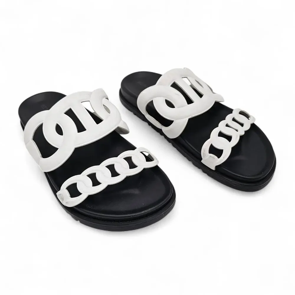 Hermes Extra Sandal Flat Slide Double Strap Black White Leather Size 38 US 8